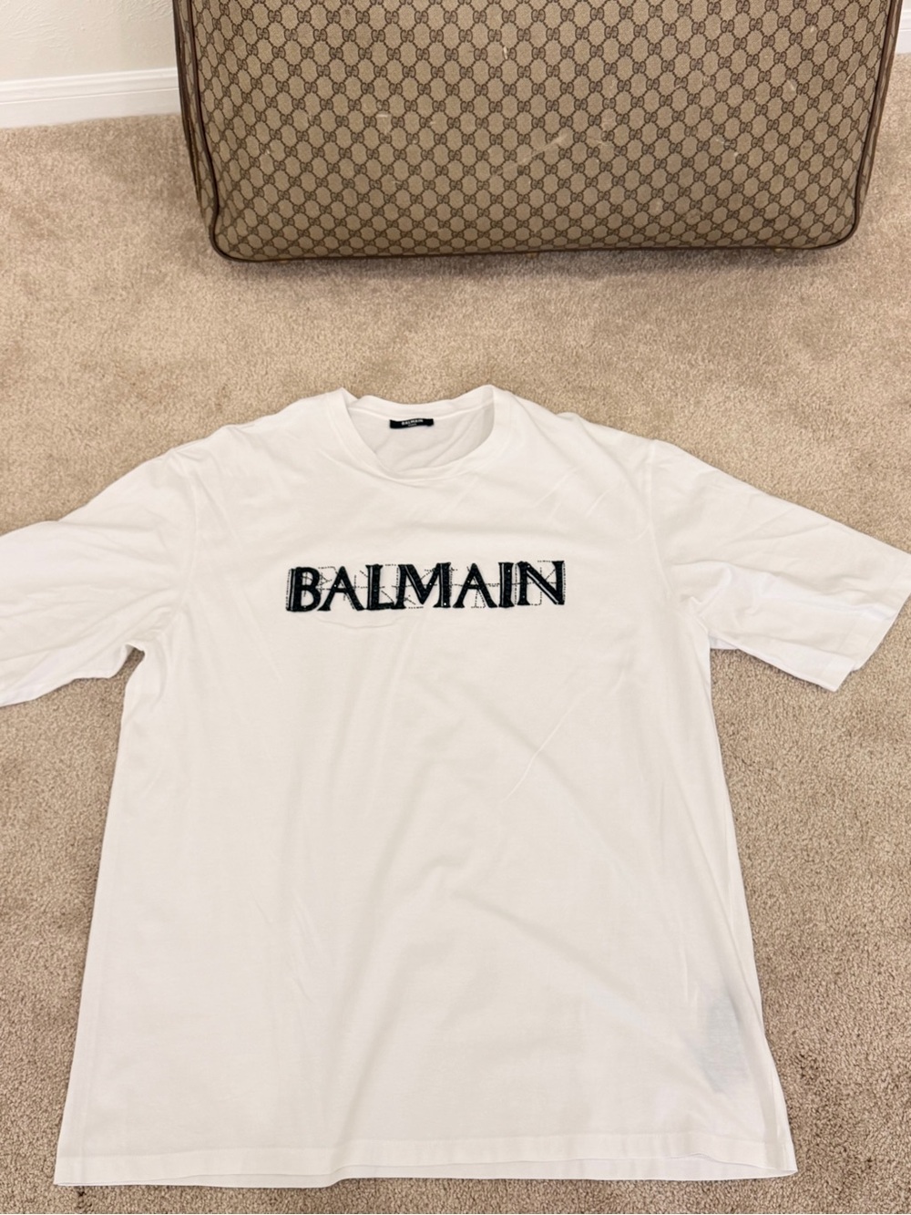 Balmain White Crewneck T-Shirt with Black Logo
